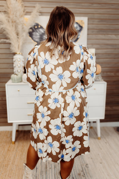 Brown Floral 3/4 Sleeve V-Neck Ruffle Mini Dress