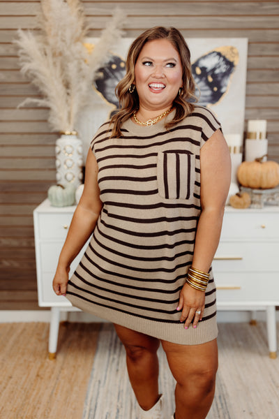 Taupe Striped Round Neck Pocket Dress