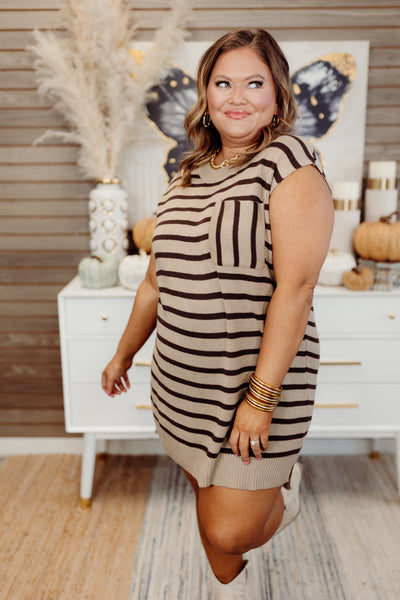 Taupe Striped Round Neck Pocket Dress