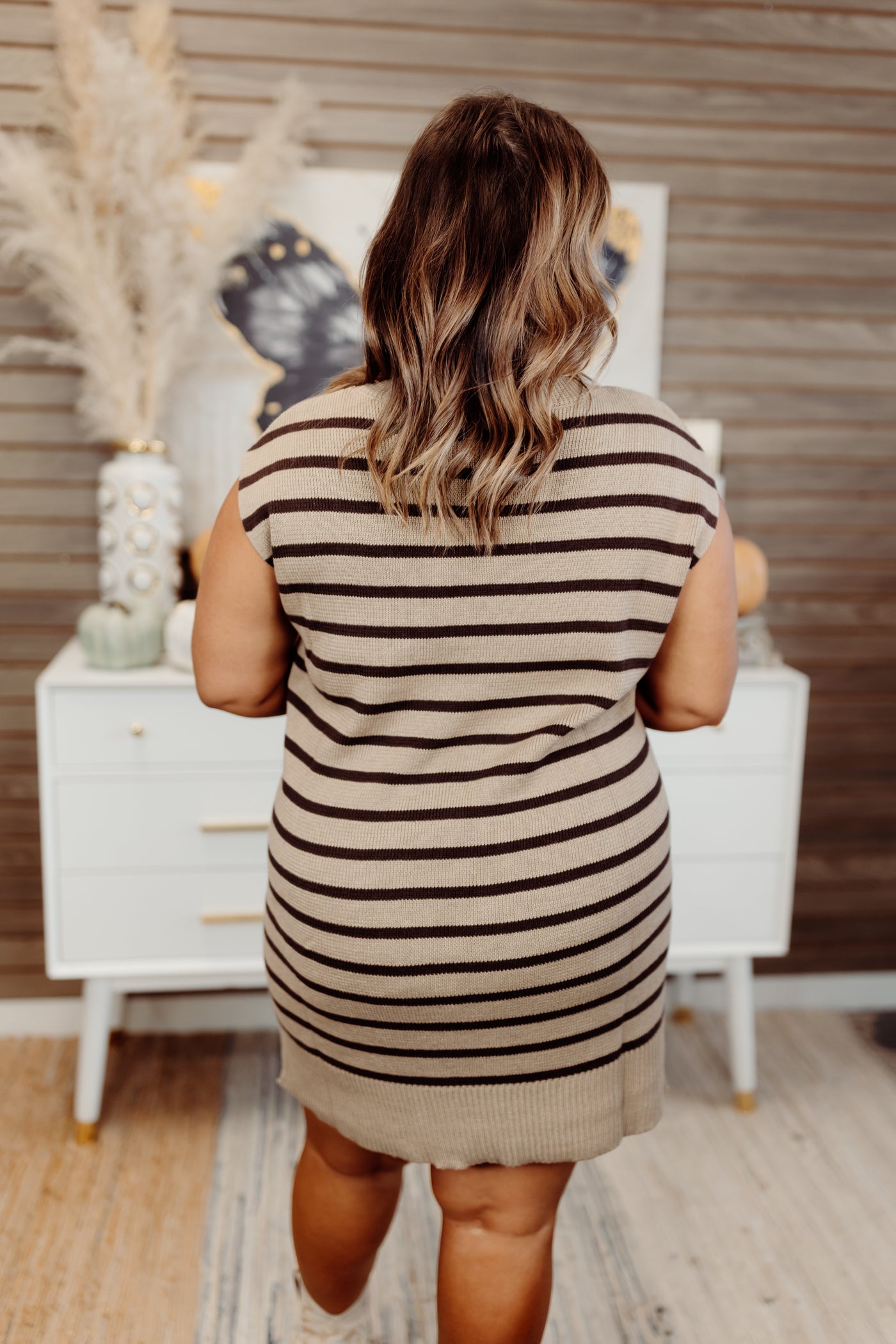 Taupe Striped Round Neck Pocket Dress