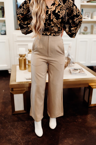 Taupe High Waist Cropped Wide Leg Pants