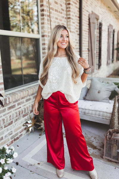 Adrienne Red Cora Satin Flowy Wide Leg Pants