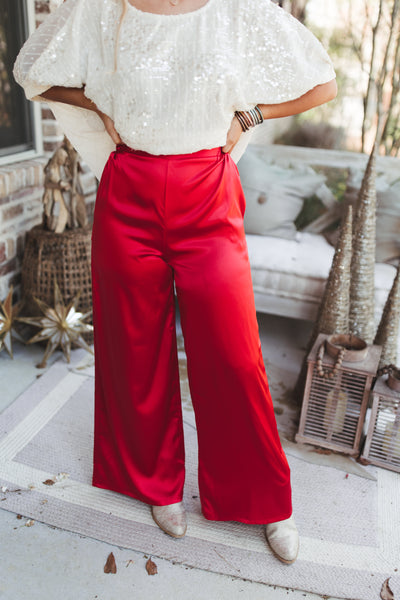 Adrienne Red Cora Satin Flowy Wide Leg Pants