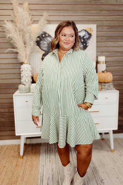 Hunter Green Striped Long Sleeve Collared Dress