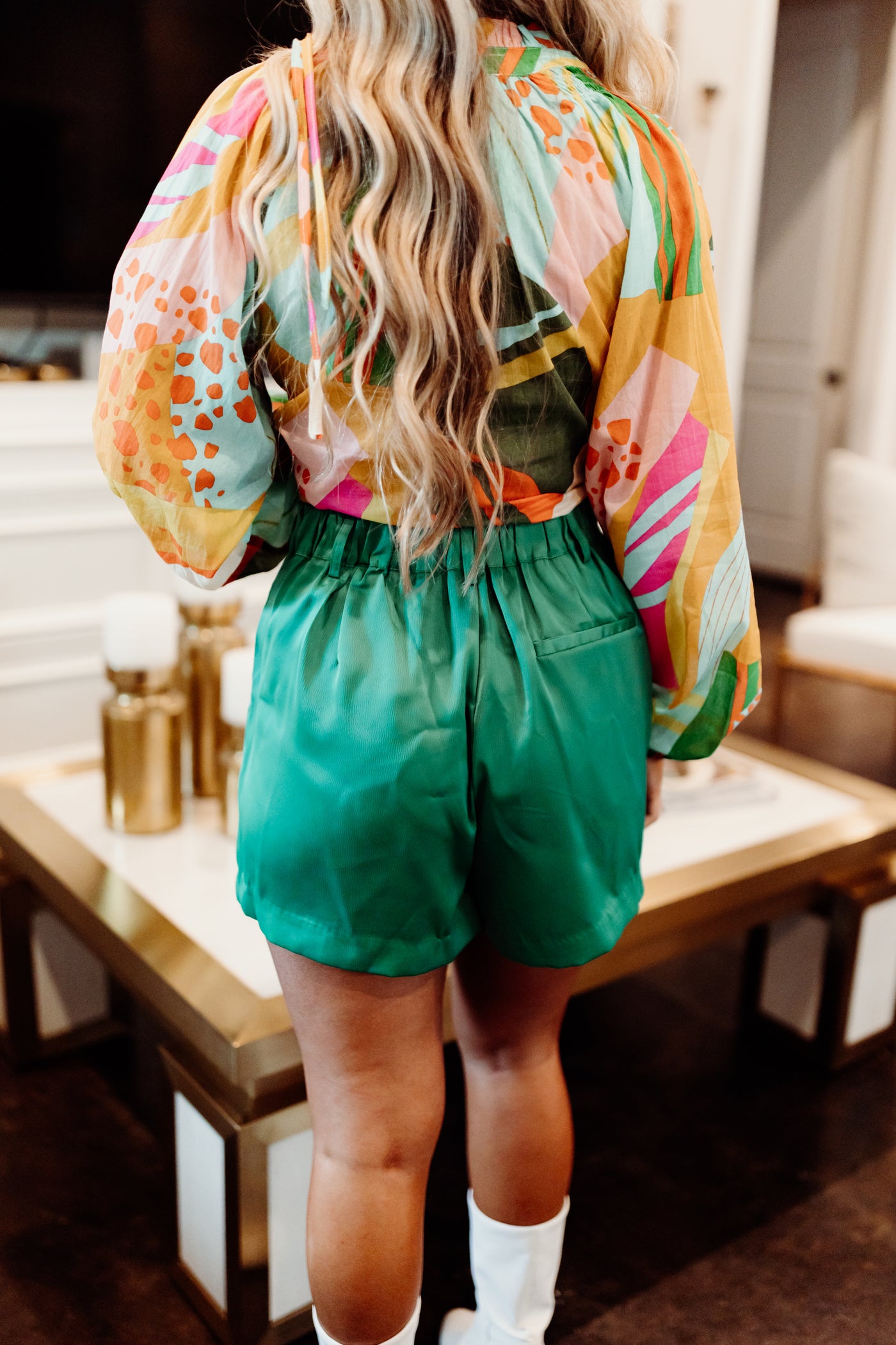 Kelly Green Satin High Waist Pleat Detail Shorts