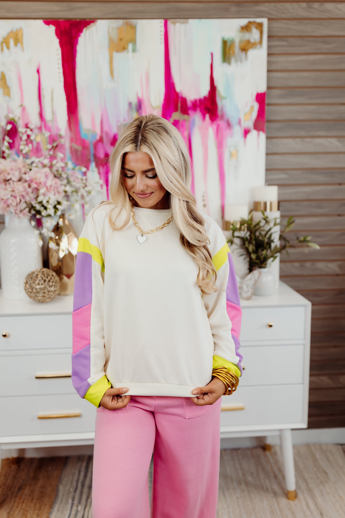 Cream Multi Colorblock Sleeve Pullover