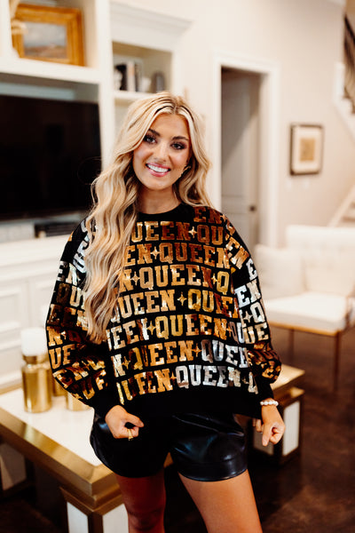 Queen Of Sparkles Black & Gold Queen All Over Sweatshirt