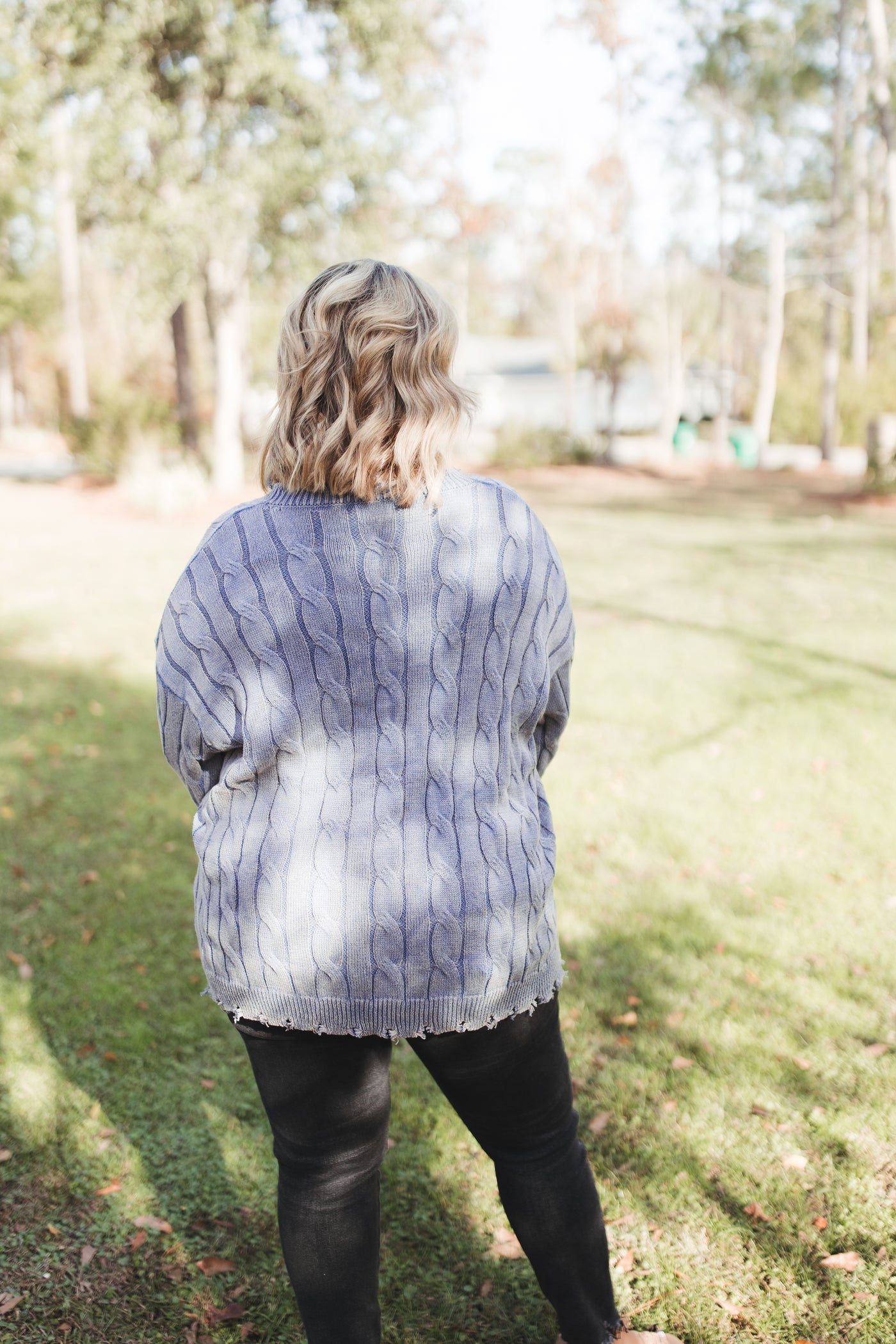 Antique Blue Washed Cable Knit Distressed Pullover