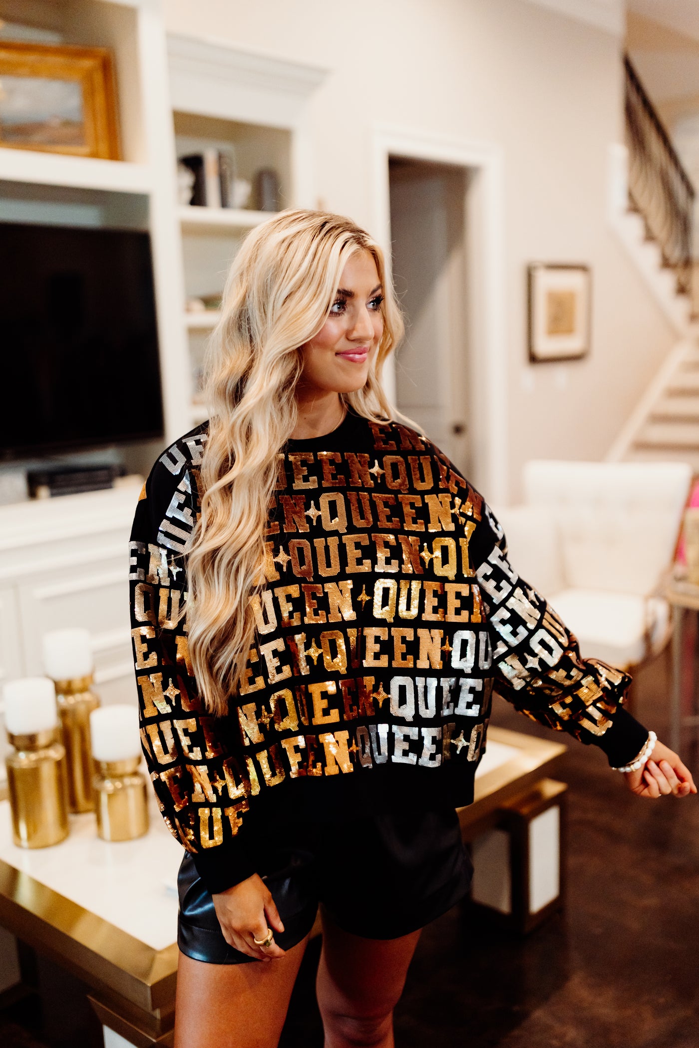 Queen Of Sparkles Black & Gold Queen All Over Sweatshirt