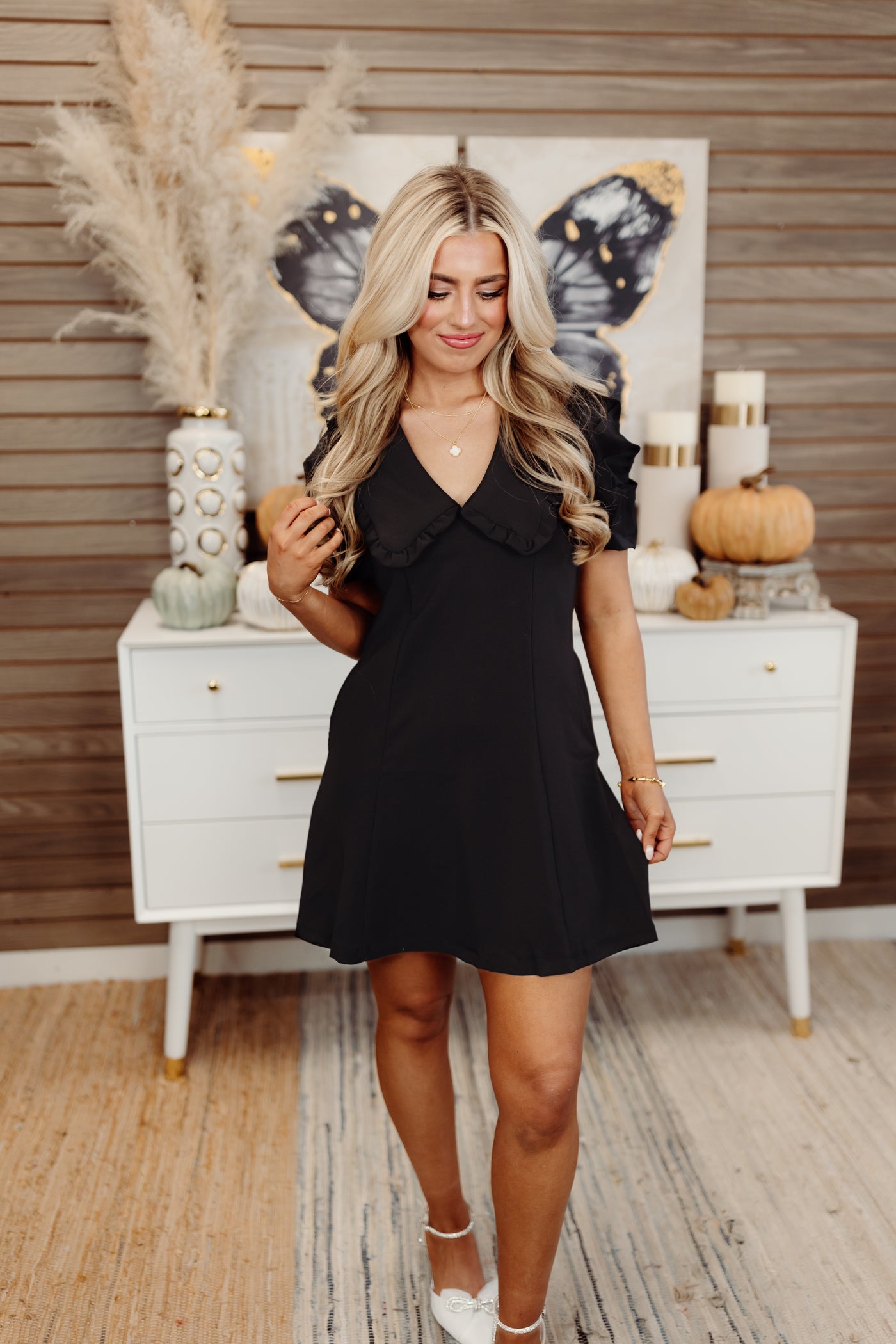 Black Vintage Ruffle Collar Mini Dress