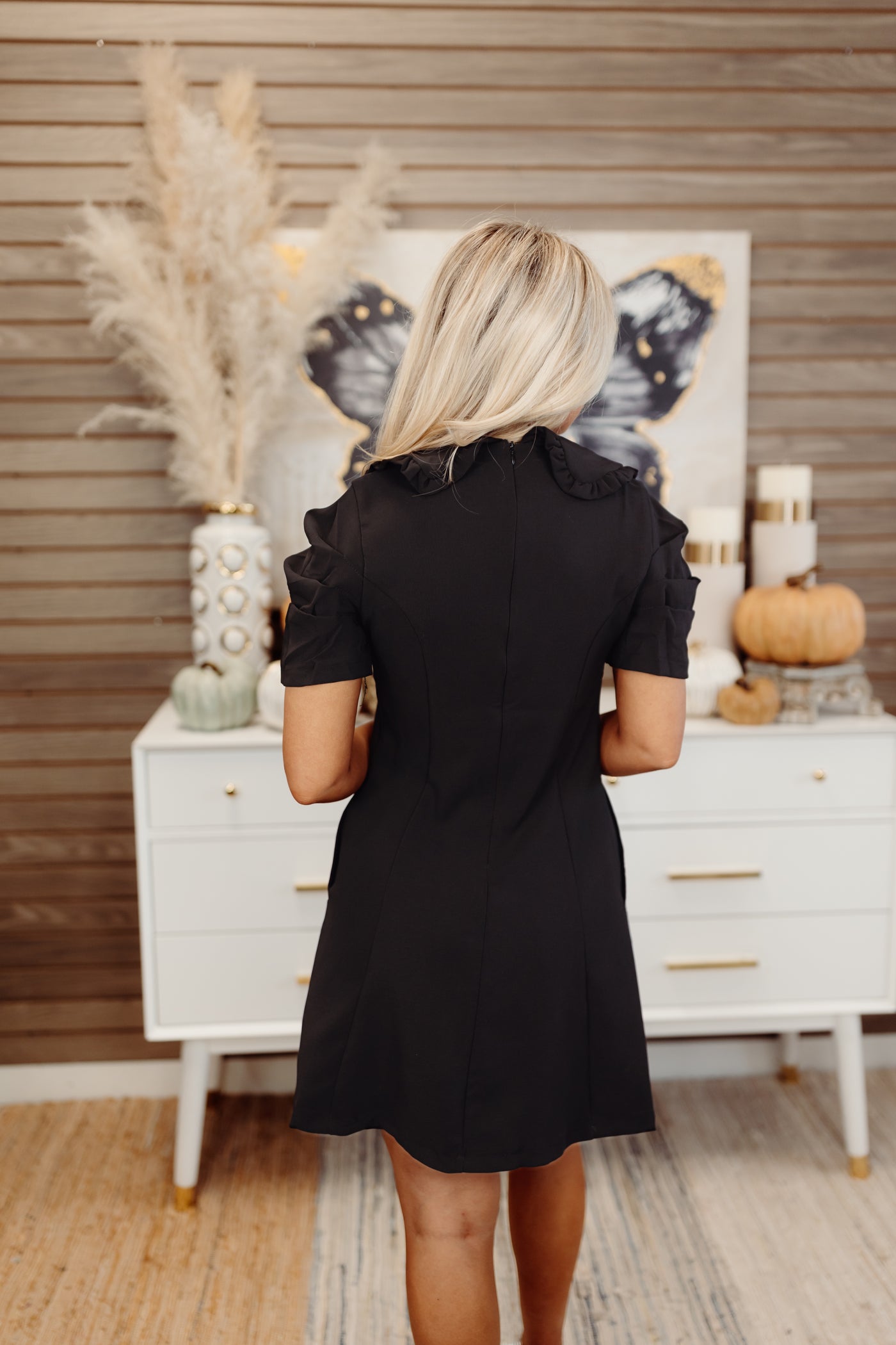 Black Vintage Ruffle Collar Mini Dress