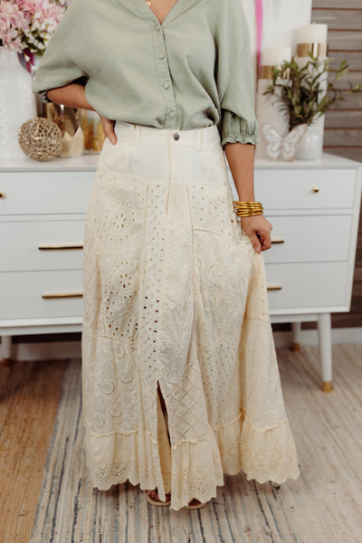 Natural Wash Eyelet Mixed Maxi Skirt