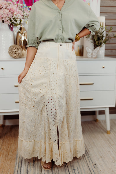 Natural Wash Eyelet Mixed Maxi Skirt