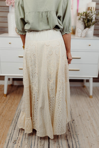 Natural Wash Eyelet Mixed Maxi Skirt