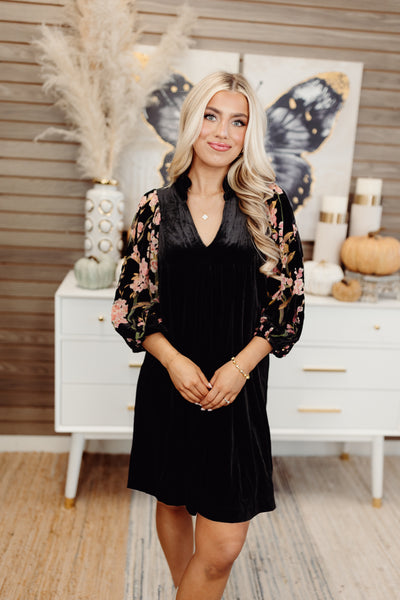 Black Floral Embroidered Puff Sleeve Velvet Dress