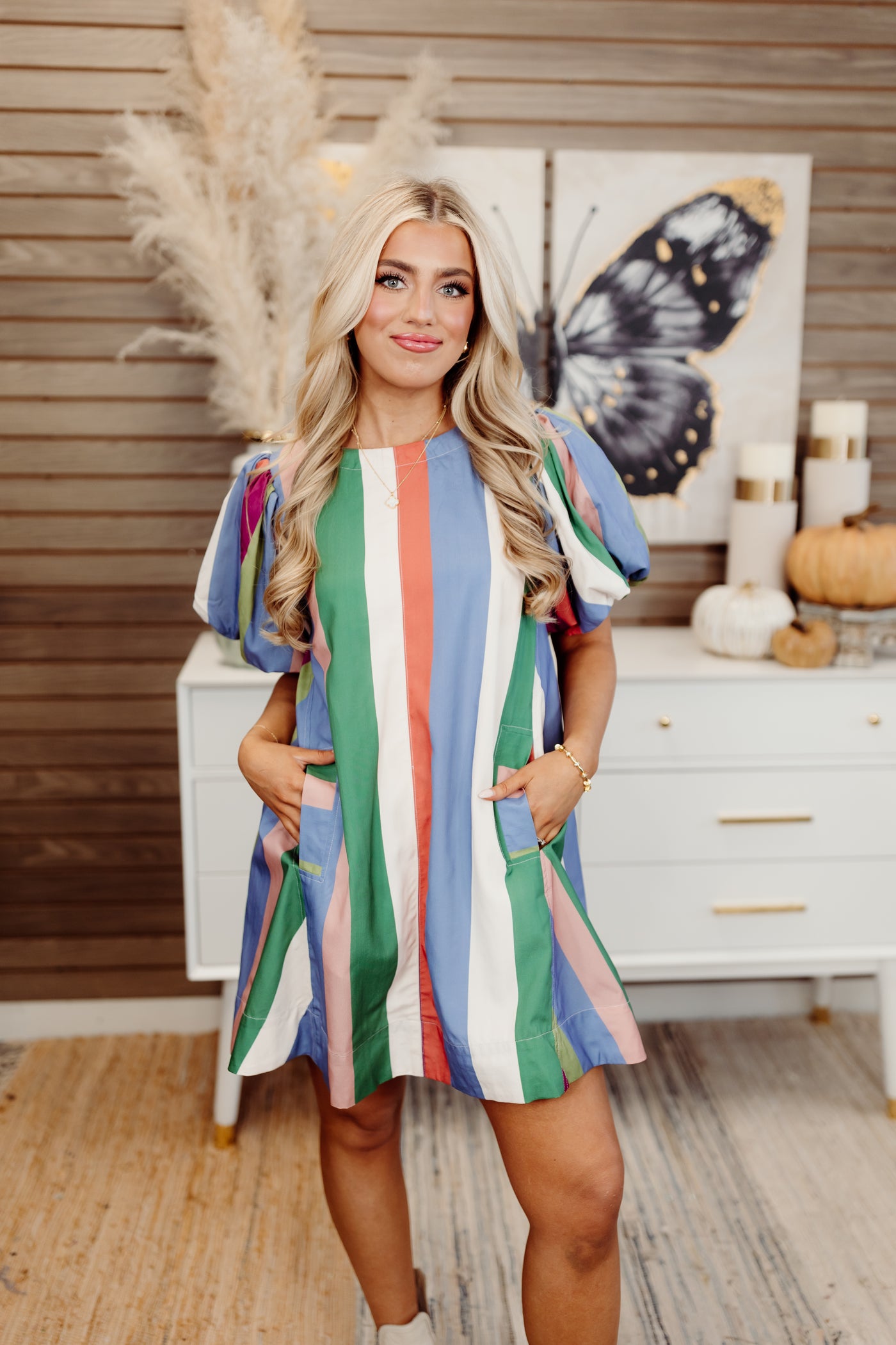 Denim Plum Striped Round Neck Puff Sleeve Dress