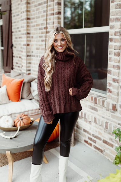 Chocolate Oversized Cable Knit Turtleneck Sweater