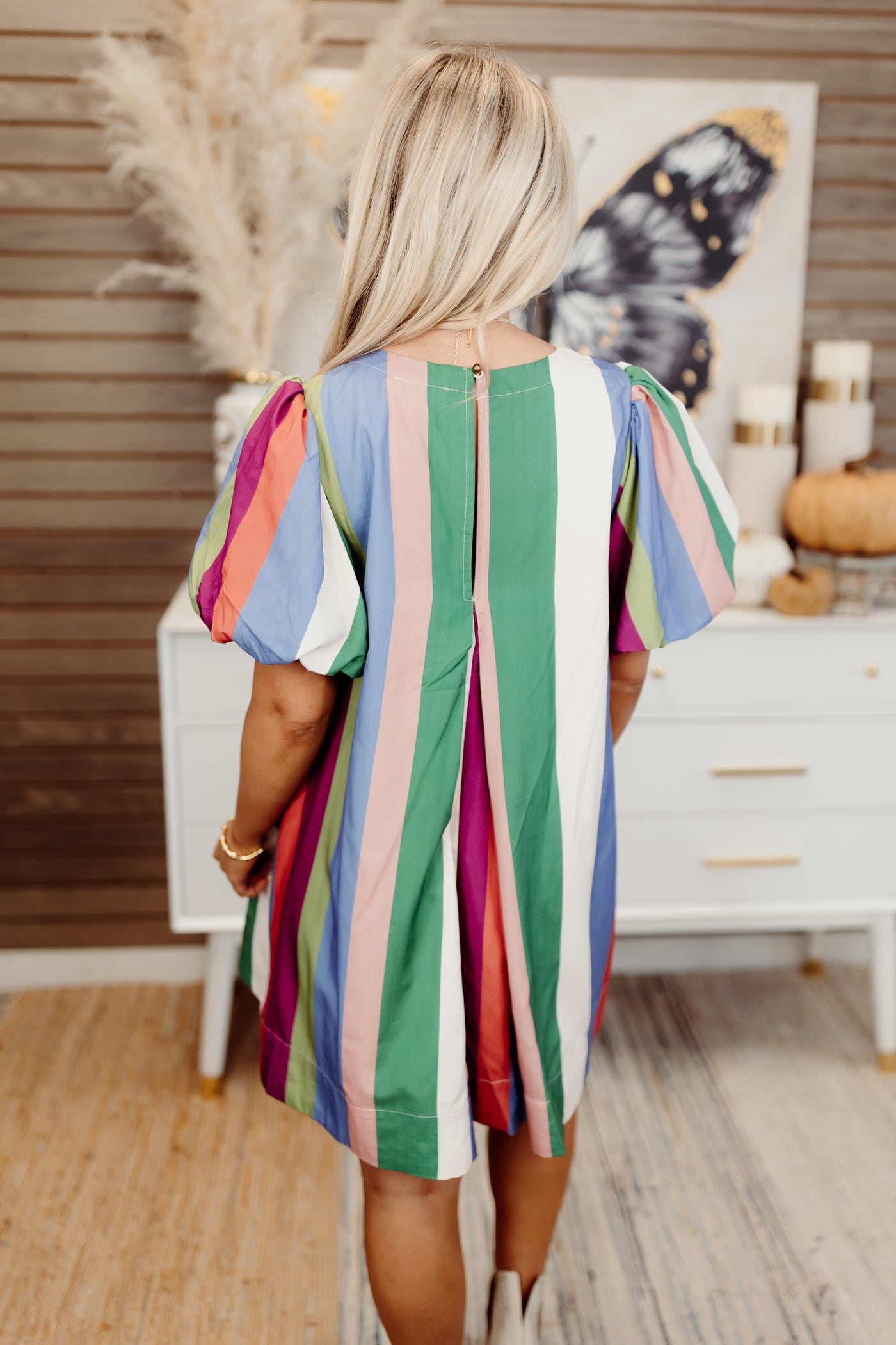 Denim Plum Striped Round Neck Puff Sleeve Dress