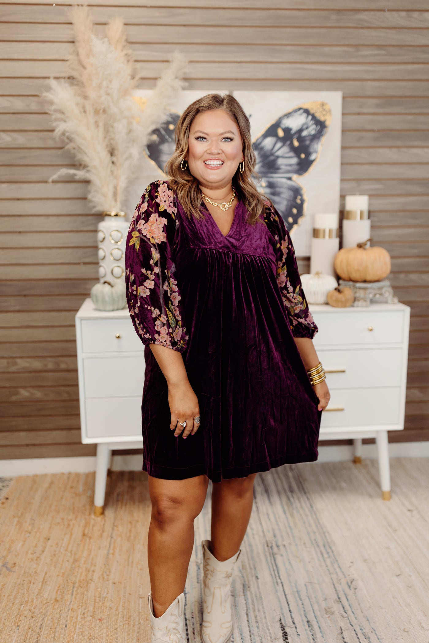 Plum Floral Embroidered Puff Sleeve Velvet Dress