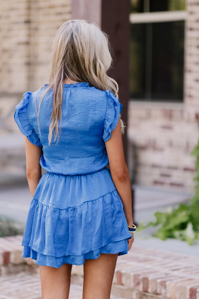 Blue Ruffle V-Neck Smocked Waist Mini Dress