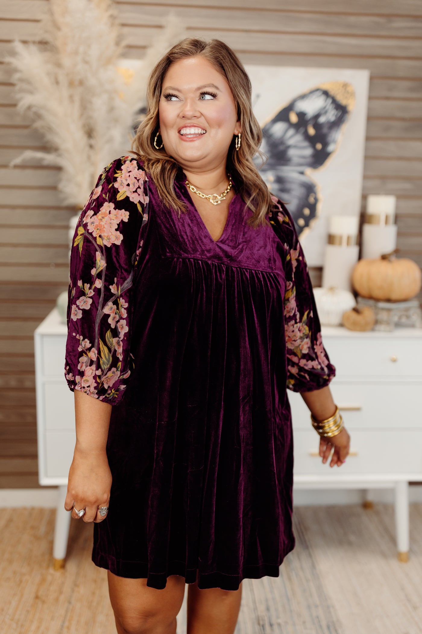 Plum Floral Embroidered Puff Sleeve Velvet Dress