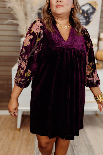 Plum Floral Embroidered Puff Sleeve Velvet Dress