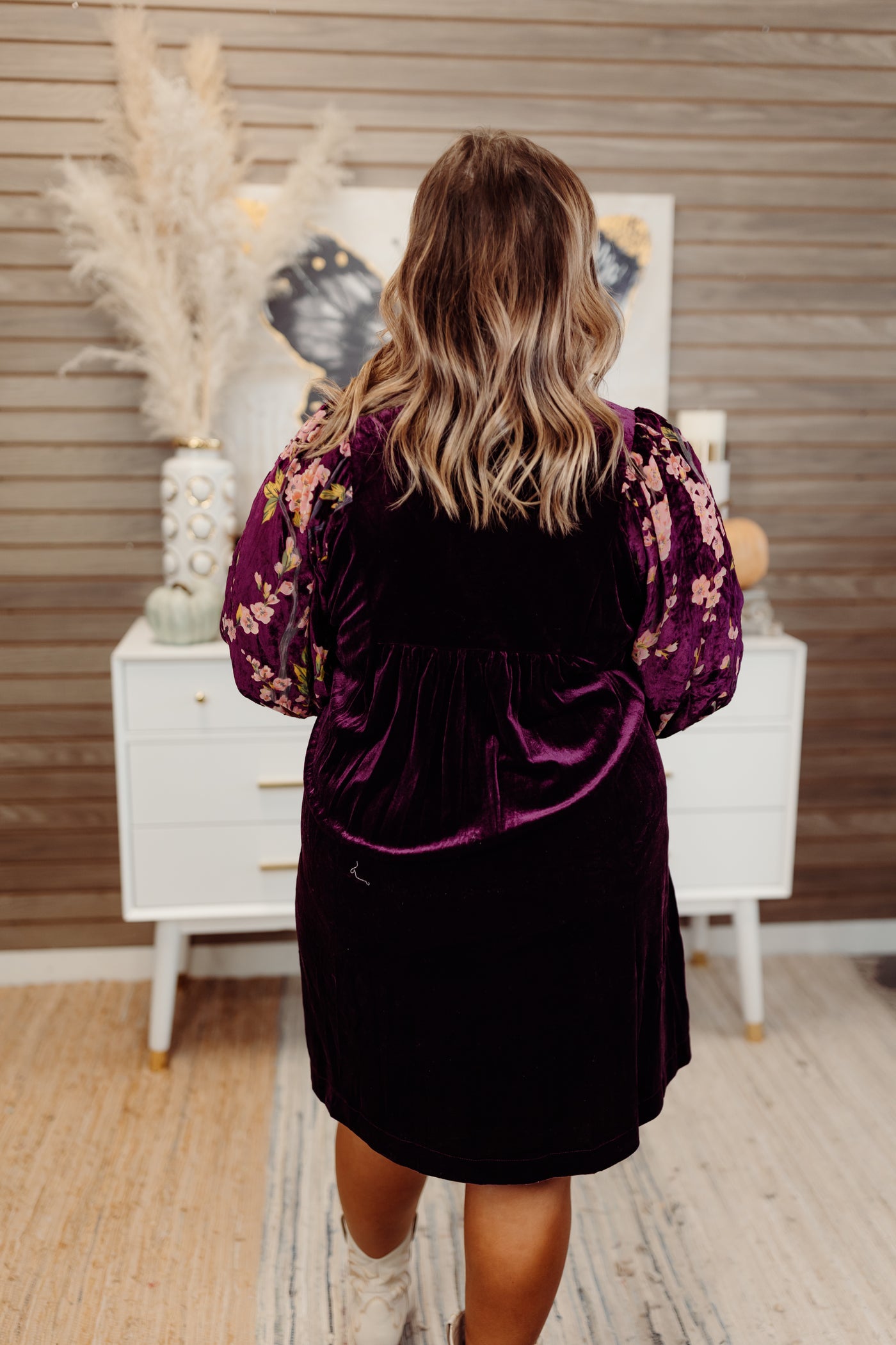 Plum Floral Embroidered Puff Sleeve Velvet Dress