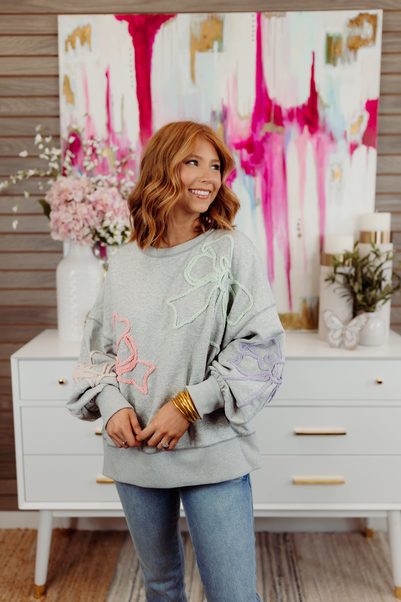 Heather Grey Embroidered Bow Sweatshirt