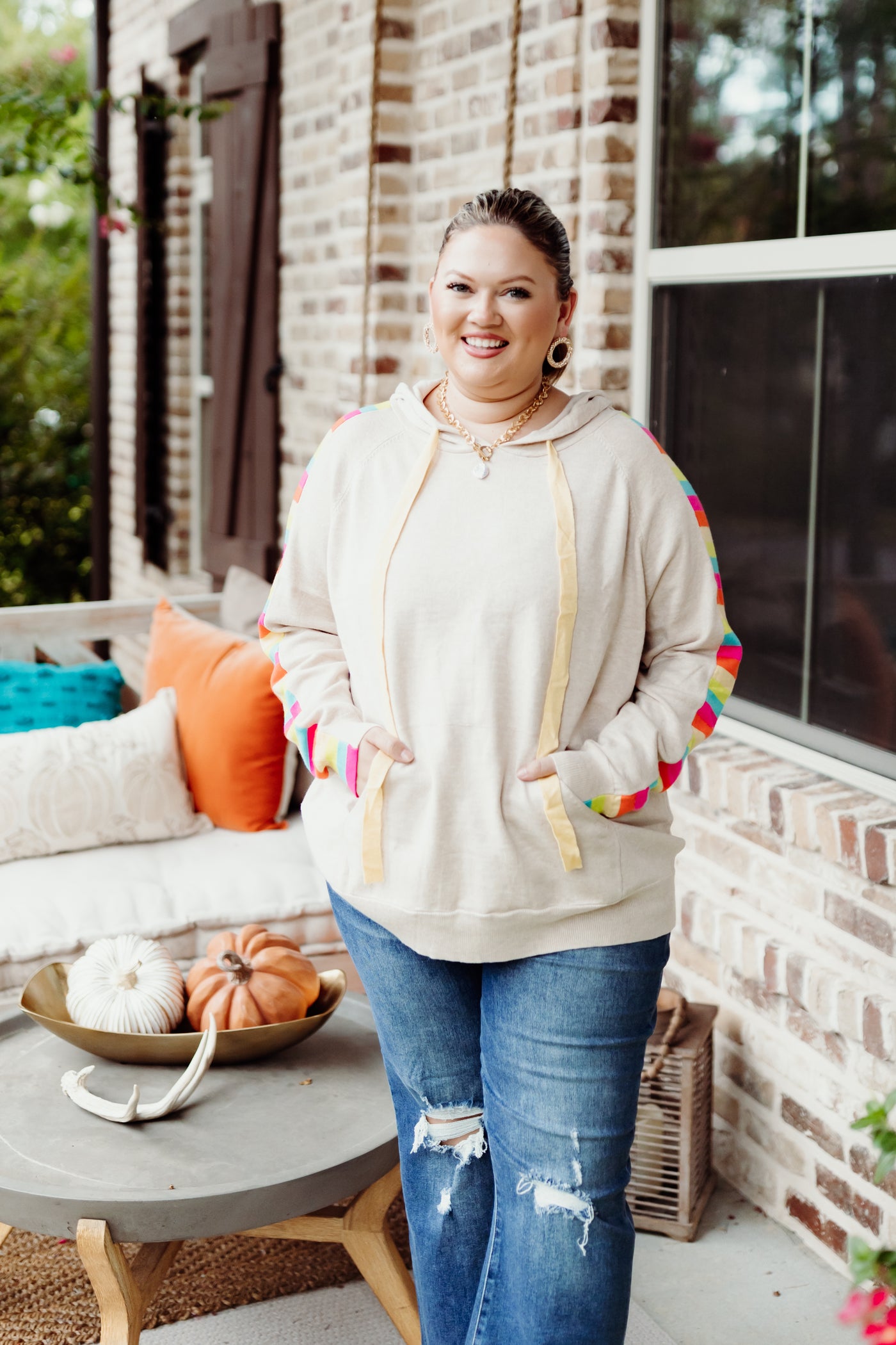 Oatmeal Multicolor Sleeve Hoodie Top