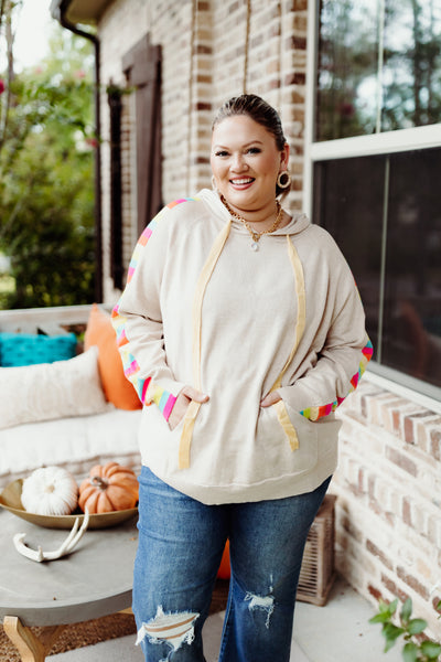 Oatmeal Multicolor Sleeve Hoodie Top