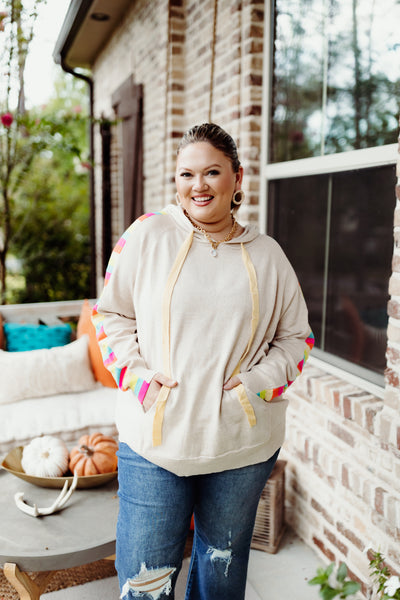 Oatmeal Multicolor Sleeve Hoodie Top