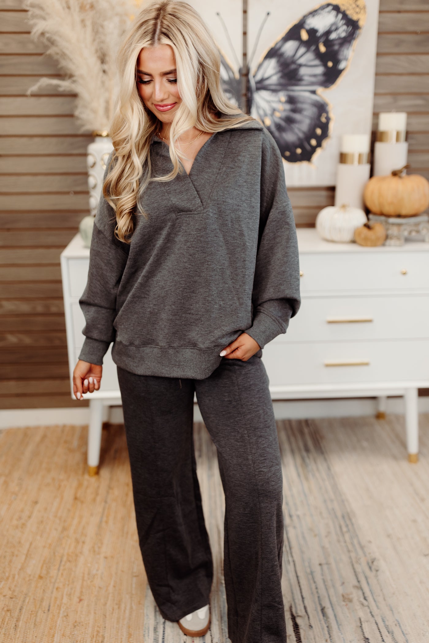 Charcoal Butter Soft Notch Neck Pullover and Pant Set