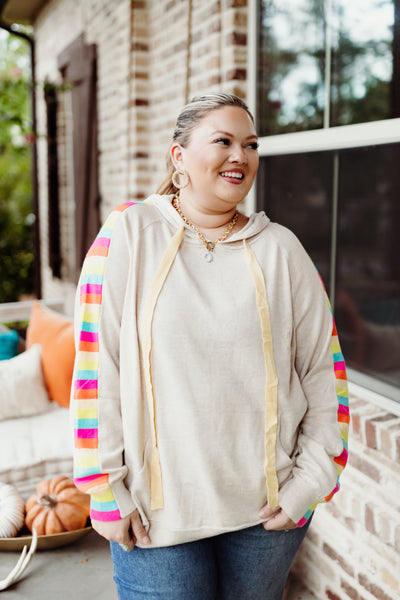 Oatmeal Multicolor Sleeve Hoodie Top