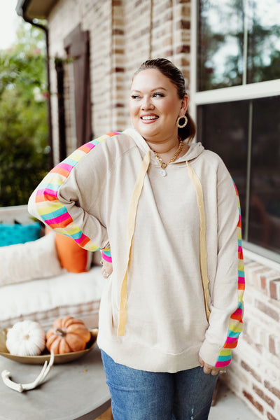 Oatmeal Multicolor Sleeve Hoodie Top