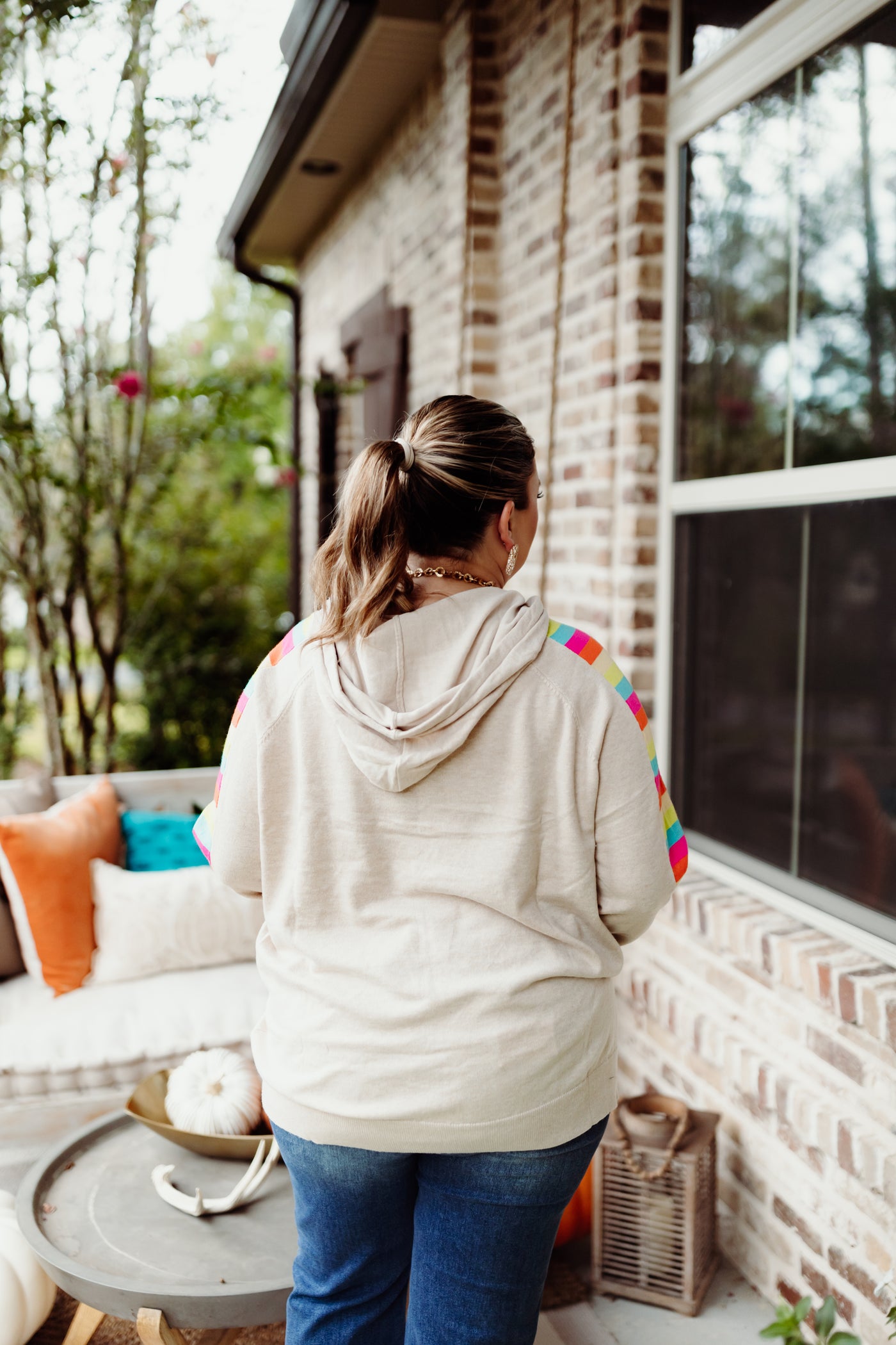 Oatmeal Multicolor Sleeve Hoodie Top