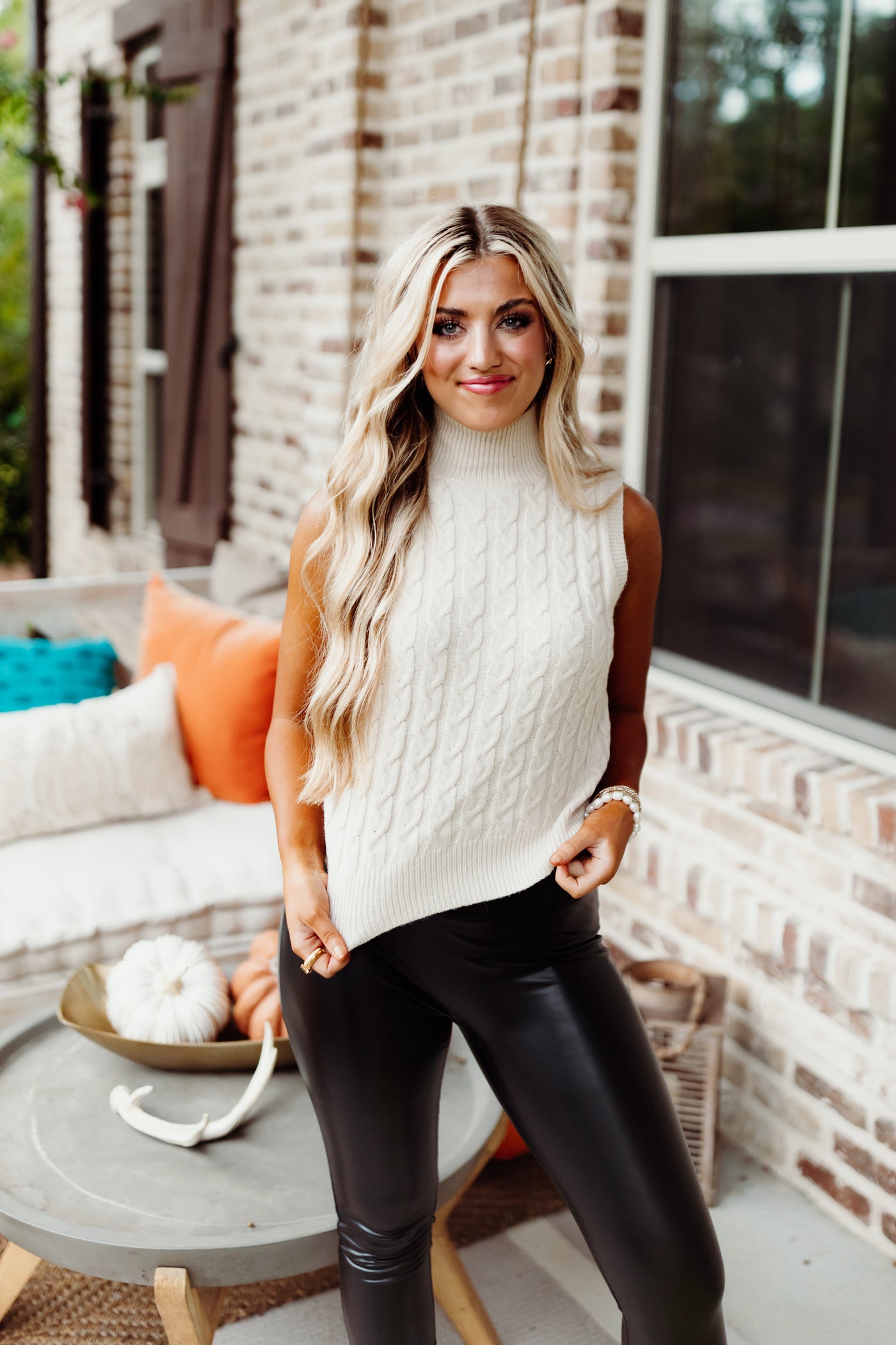 Natural Cable Knit Mock Neck Sweater Tank