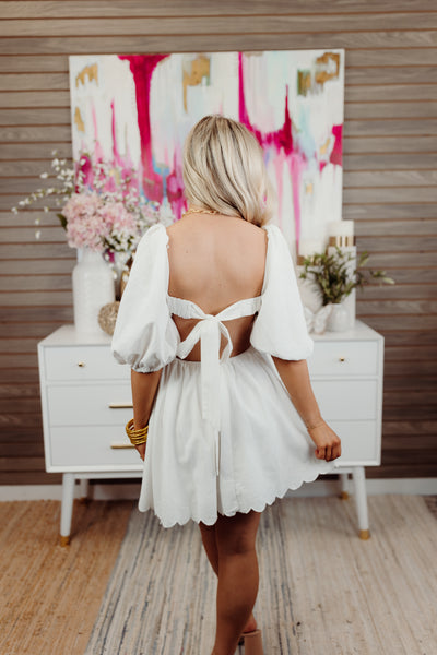 Off White Scallop Puff Sleeve Open Back Dress