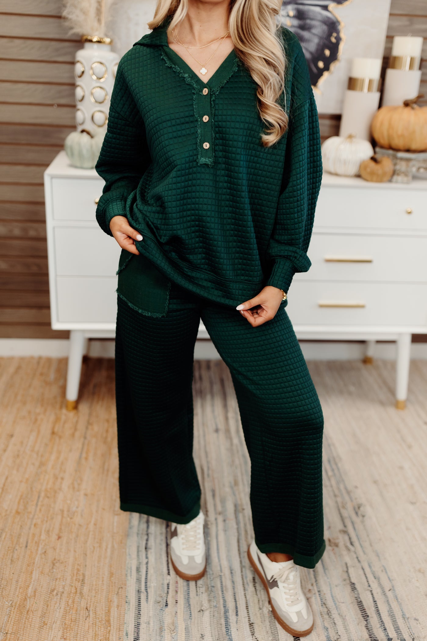 Evergreen Quilted Long Sleeve Hoodie Top and Pant Set