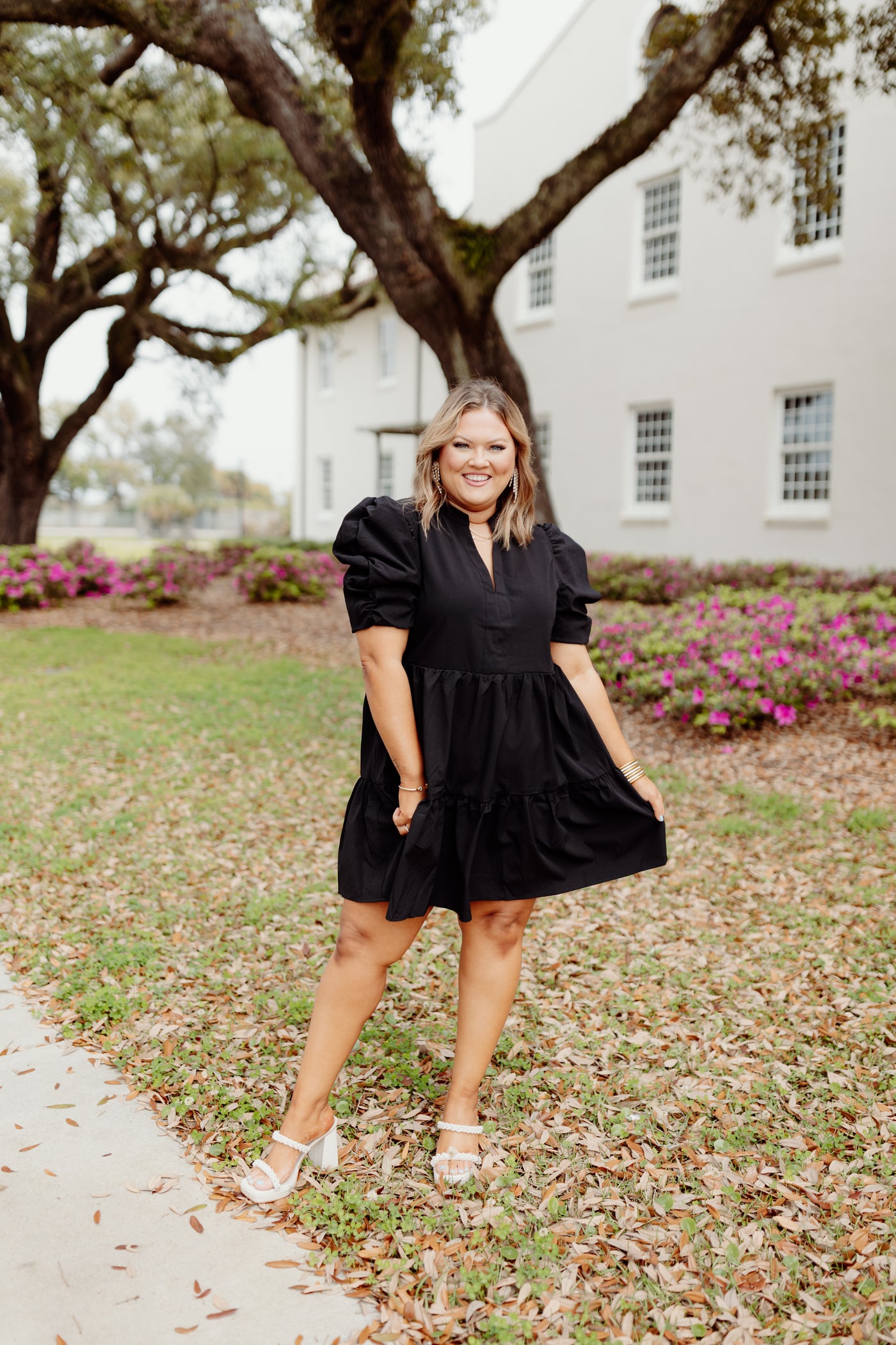 Black Solid V-Neck Puff Sleeve Mini Dress