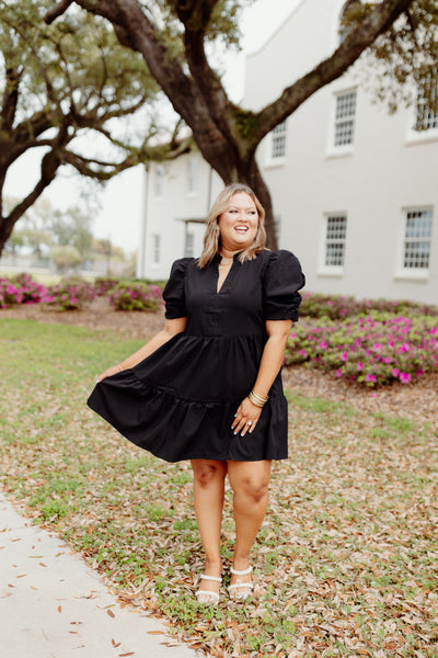 Black Solid V-Neck Puff Sleeve Mini Dress