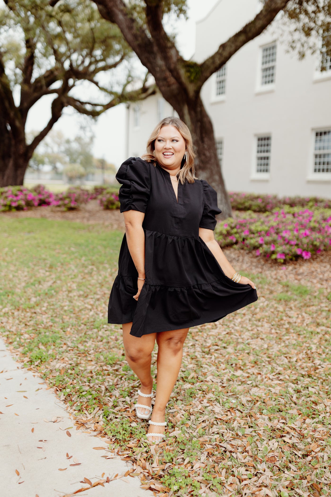 Black Solid V-Neck Puff Sleeve Mini Dress