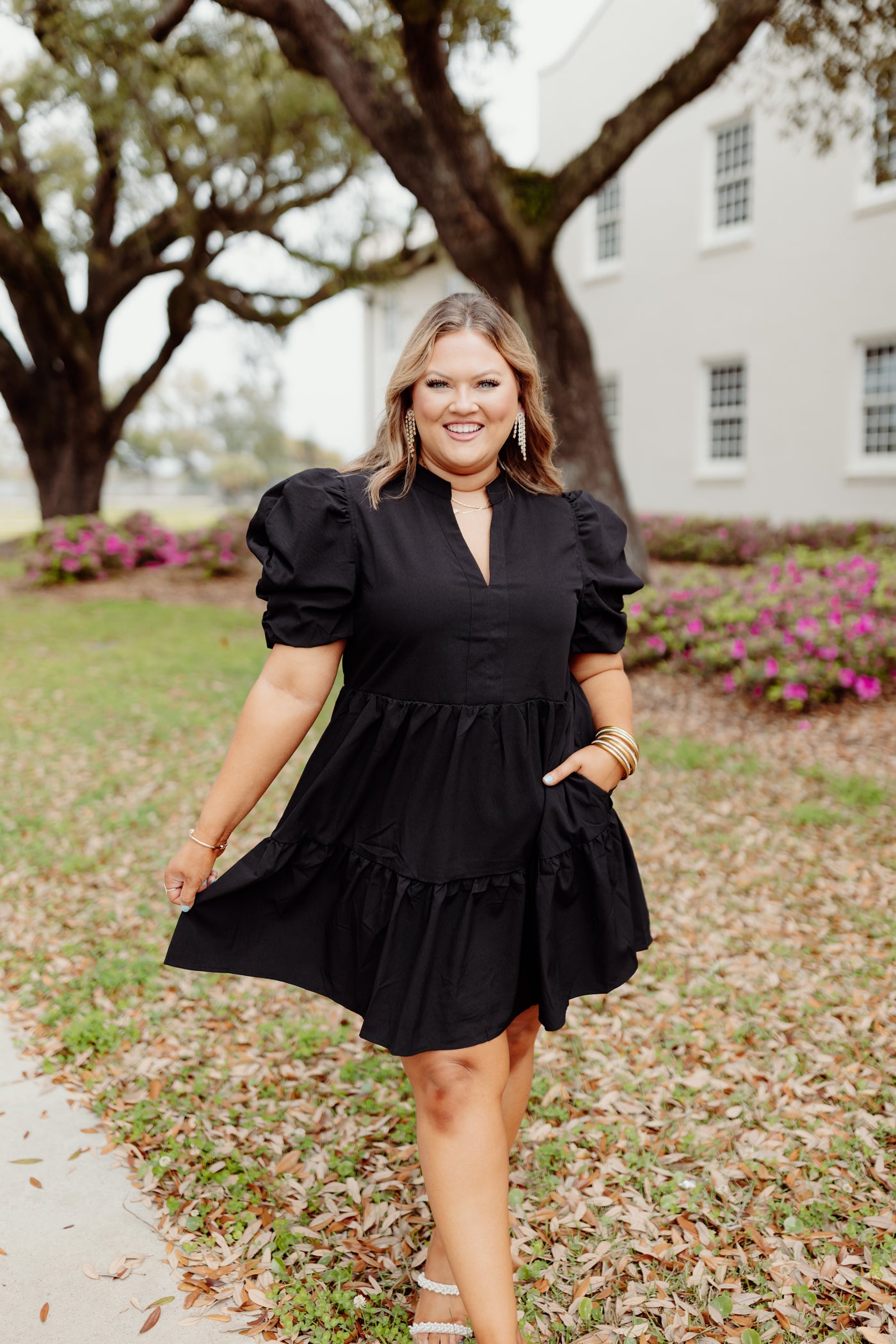 Black Solid V-Neck Puff Sleeve Mini Dress