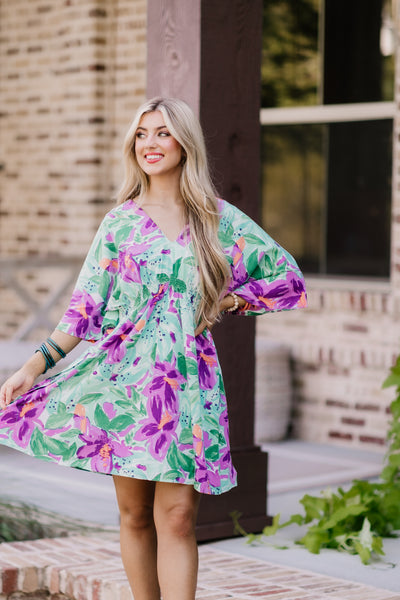 Green Mix Floral Smock Waist Dress