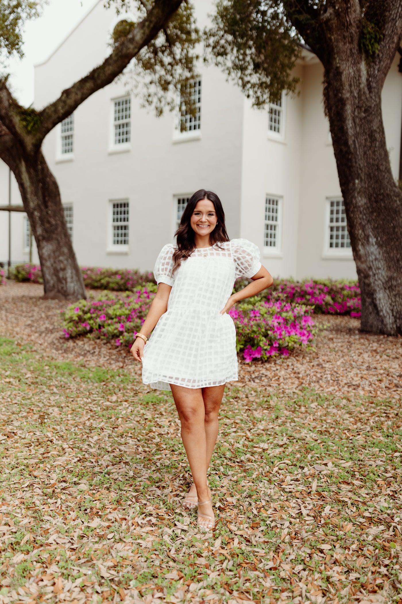 White Gingham Organza Puff Sleeve Dress