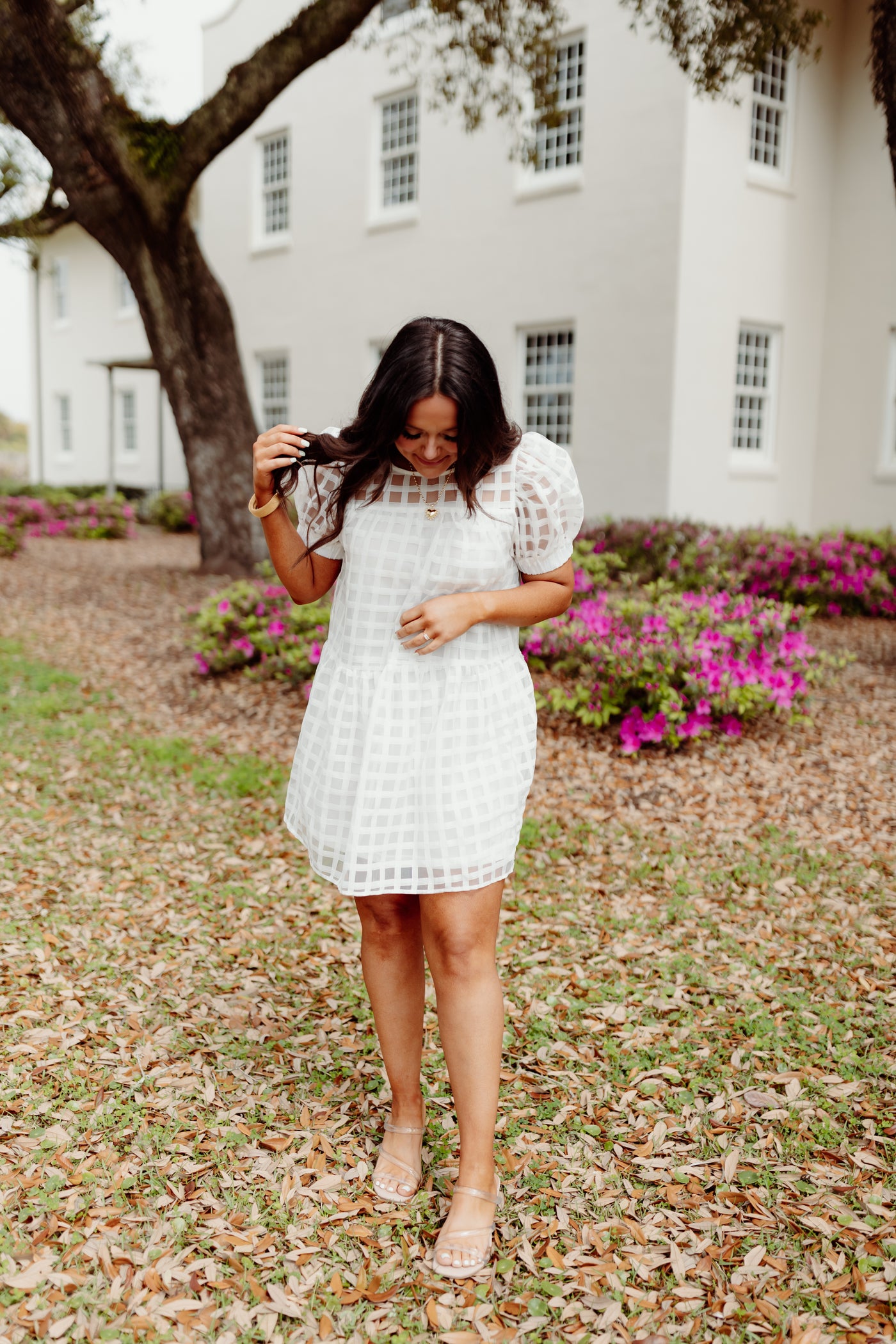 White Gingham Organza Puff Sleeve Dress