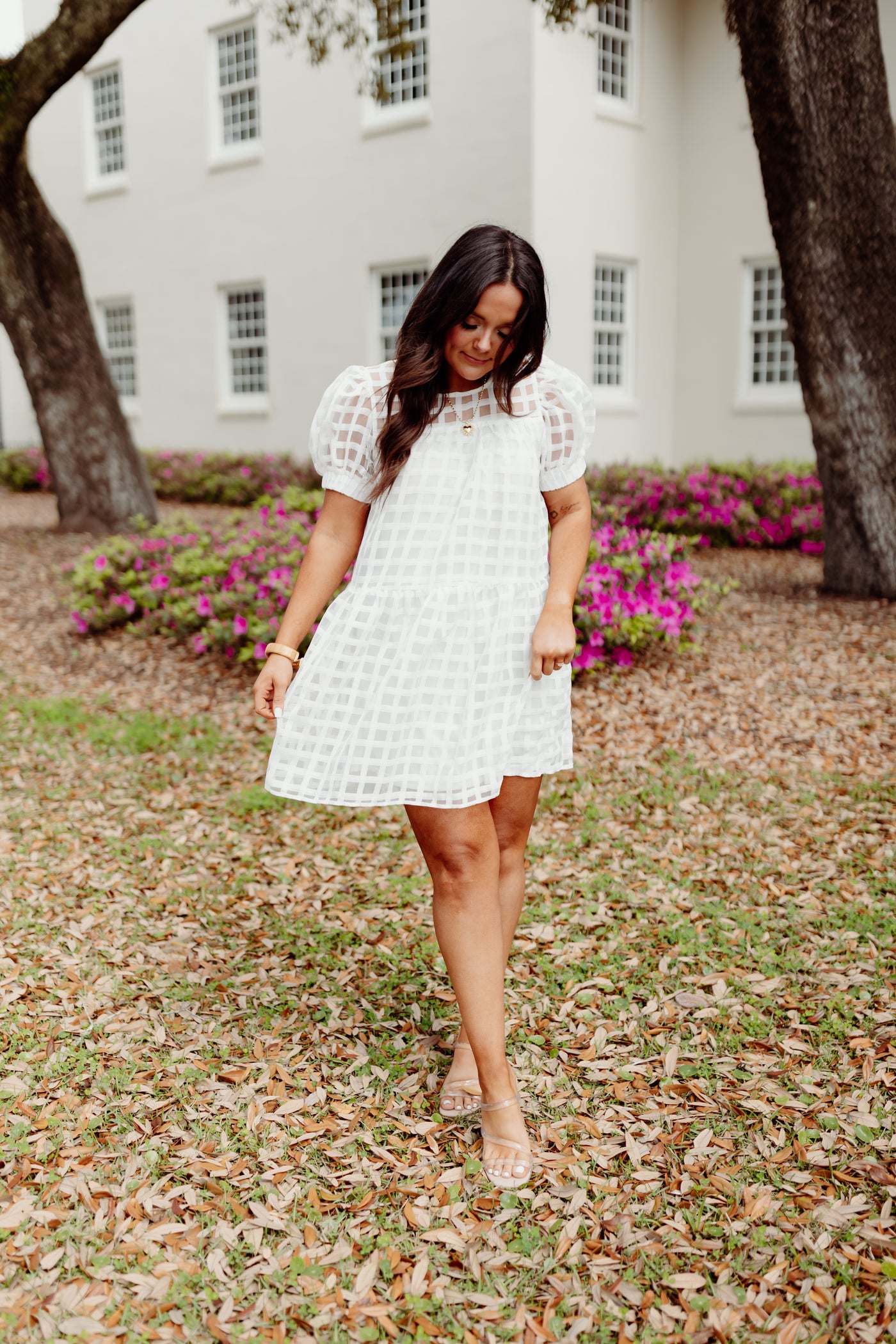 White Gingham Organza Puff Sleeve Dress