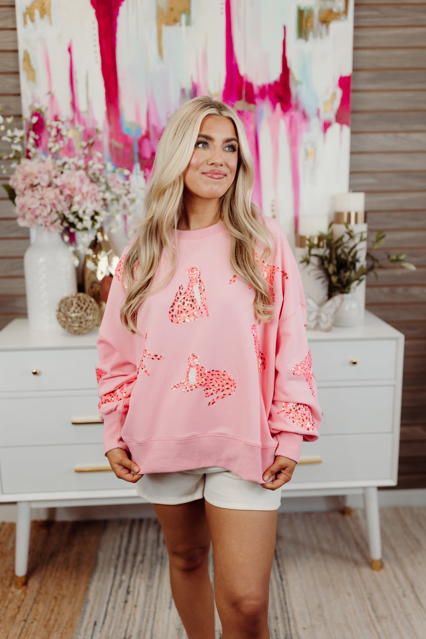 Pink Sequin Cheetah Loose Fit Sweatshirt