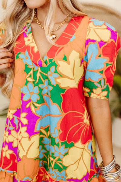 Karlie Mutli Mauve Large Floral V-Neck Puff Sleeve Ruffle Dress