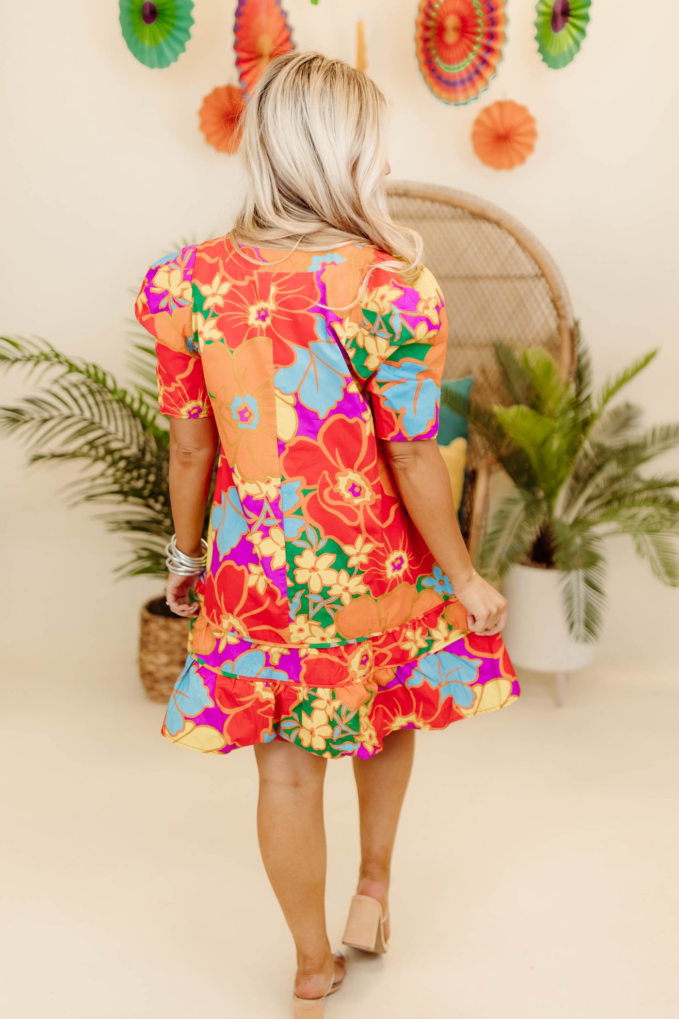 Karlie Mutli Mauve Large Floral V-Neck Puff Sleeve Ruffle Dress
