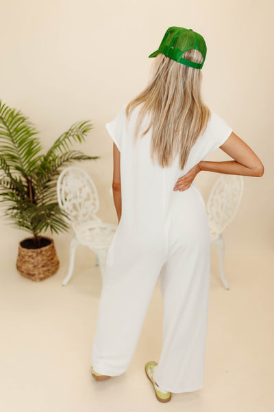 Off White Ribbed Knit Comfy Button Down Jumpsuit